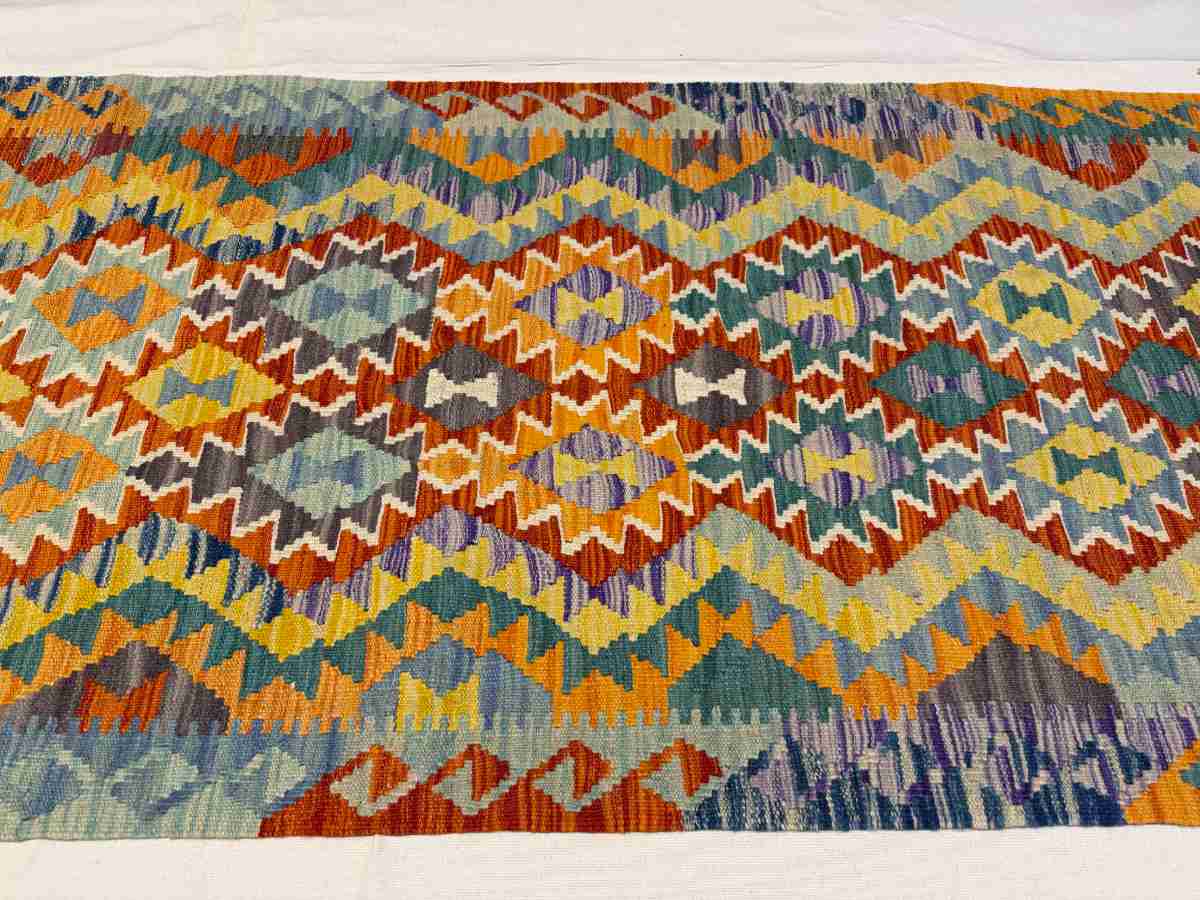 3x7 ft Hand Knotted Afghan Kilim Wool Runner Rug - Natural Vegetable Dye thumbnail 4