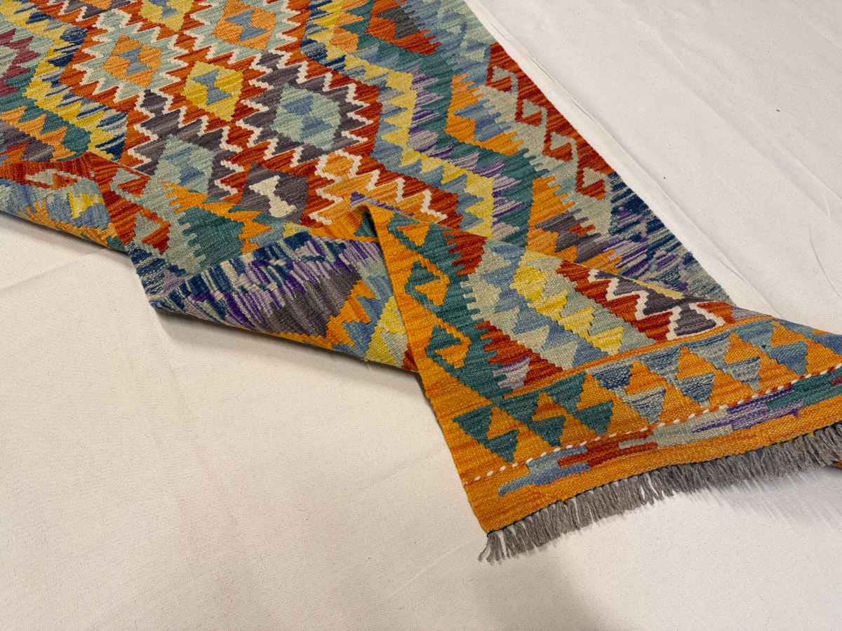 3x7 ft Hand Knotted Afghan Kilim Wool Runner Rug - Natural Vegetable Dye thumbnail 5