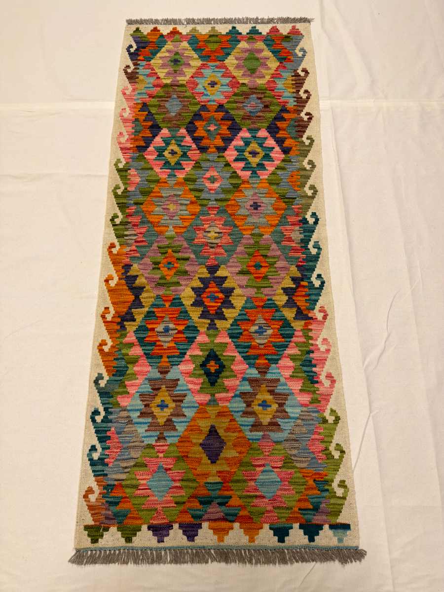 3x7 ft Hand Knotted Afghan Kilim Wool Runner Rug - Natural Vegetable Dye