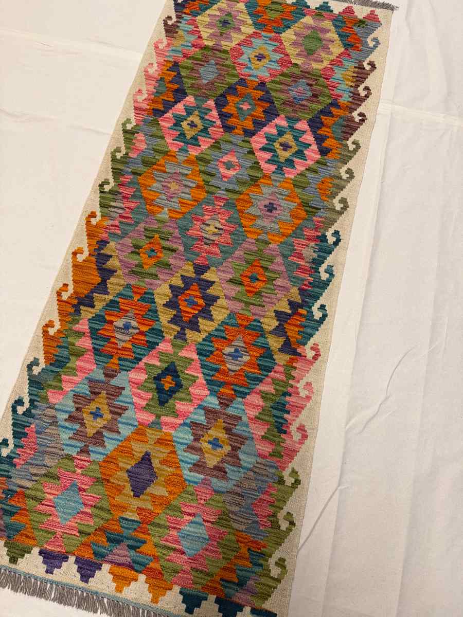 3x7 ft Hand Knotted Afghan Kilim Wool Runner Rug - Natural Vegetable Dye thumbnail 2
