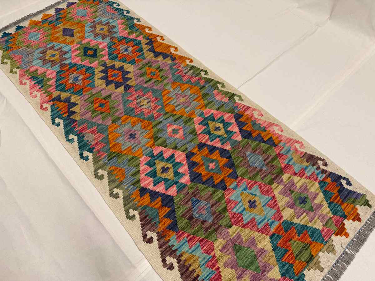 3x7 ft Hand Knotted Afghan Kilim Wool Runner Rug - Natural Vegetable Dye thumbnail 3