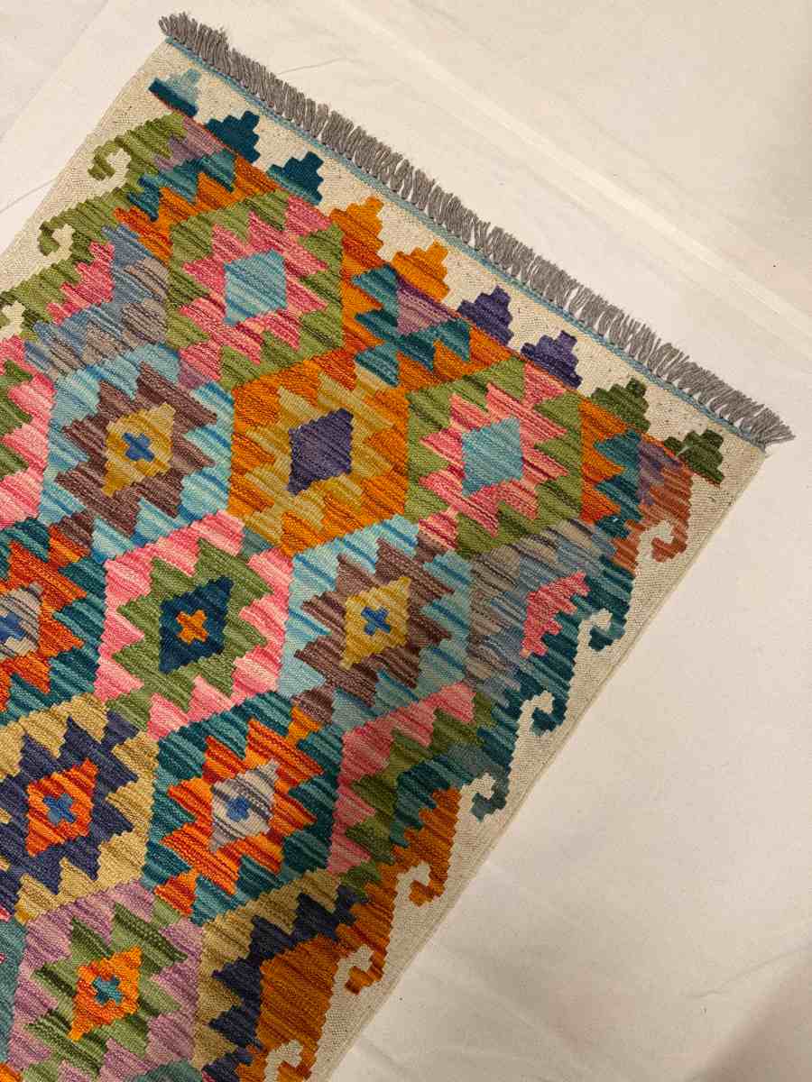 3x7 ft Hand Knotted Afghan Kilim Wool Runner Rug - Natural Vegetable Dye thumbnail 4