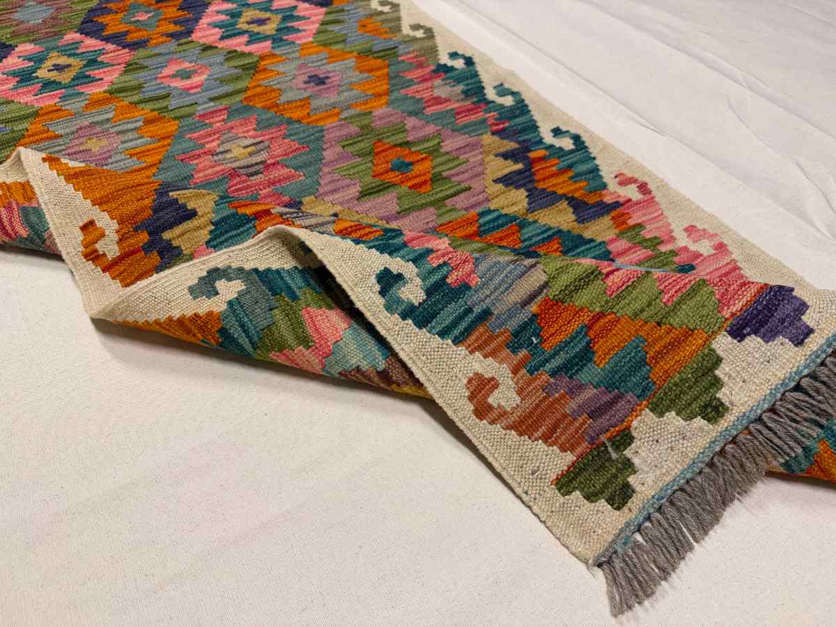 3x7 ft Hand Knotted Afghan Kilim Wool Runner Rug - Natural Vegetable Dye thumbnail 5