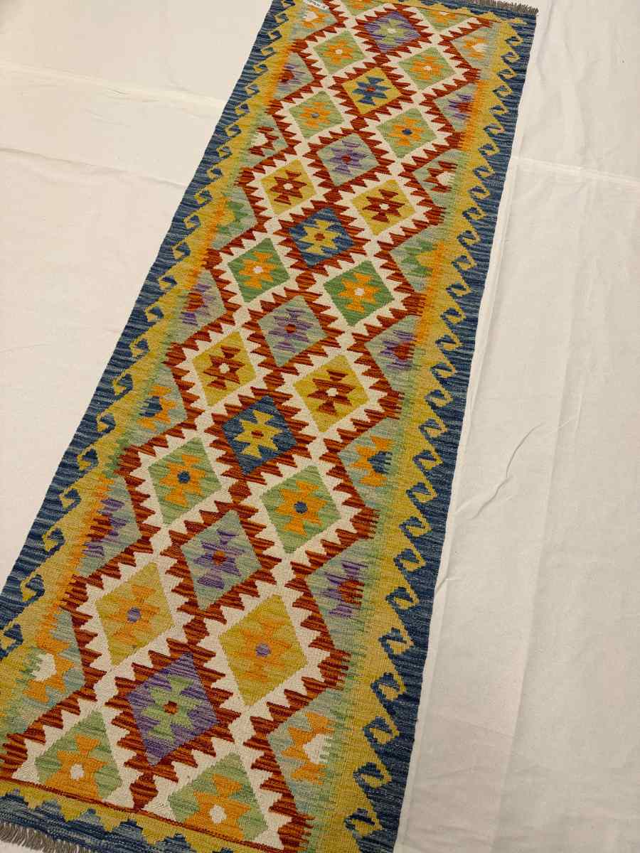 3x8 ft Hand Knotted Afghan Kilim Wool Runner Rug - Natural Vegetable Dye thumbnail 2