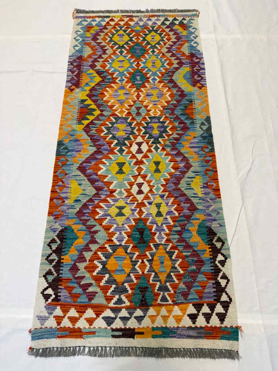 3x7 ft Hand Knotted Afghan Kilim Wool Runner Rug - Natural Vegetable Dye