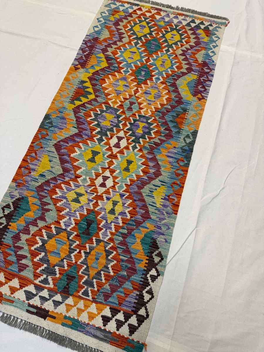 3x7 ft Hand Knotted Afghan Kilim Wool Runner Rug - Natural Vegetable Dye thumbnail 2
