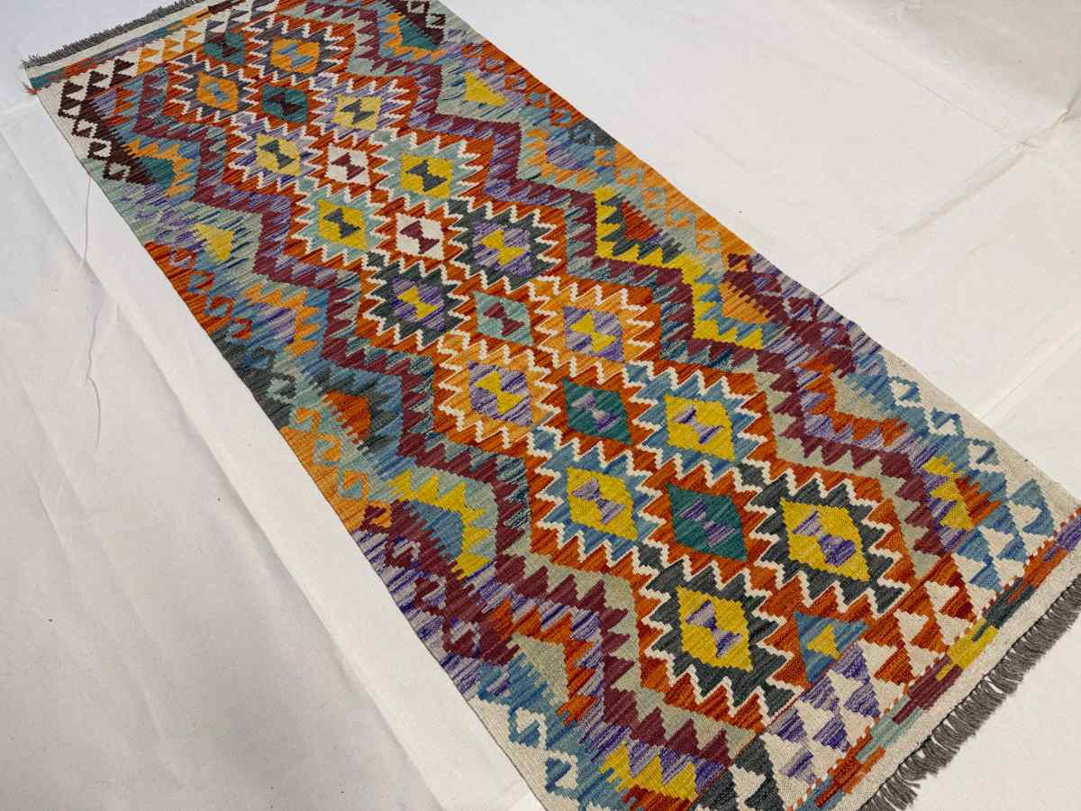 3x7 ft Hand Knotted Afghan Kilim Wool Runner Rug - Natural Vegetable Dye thumbnail 3