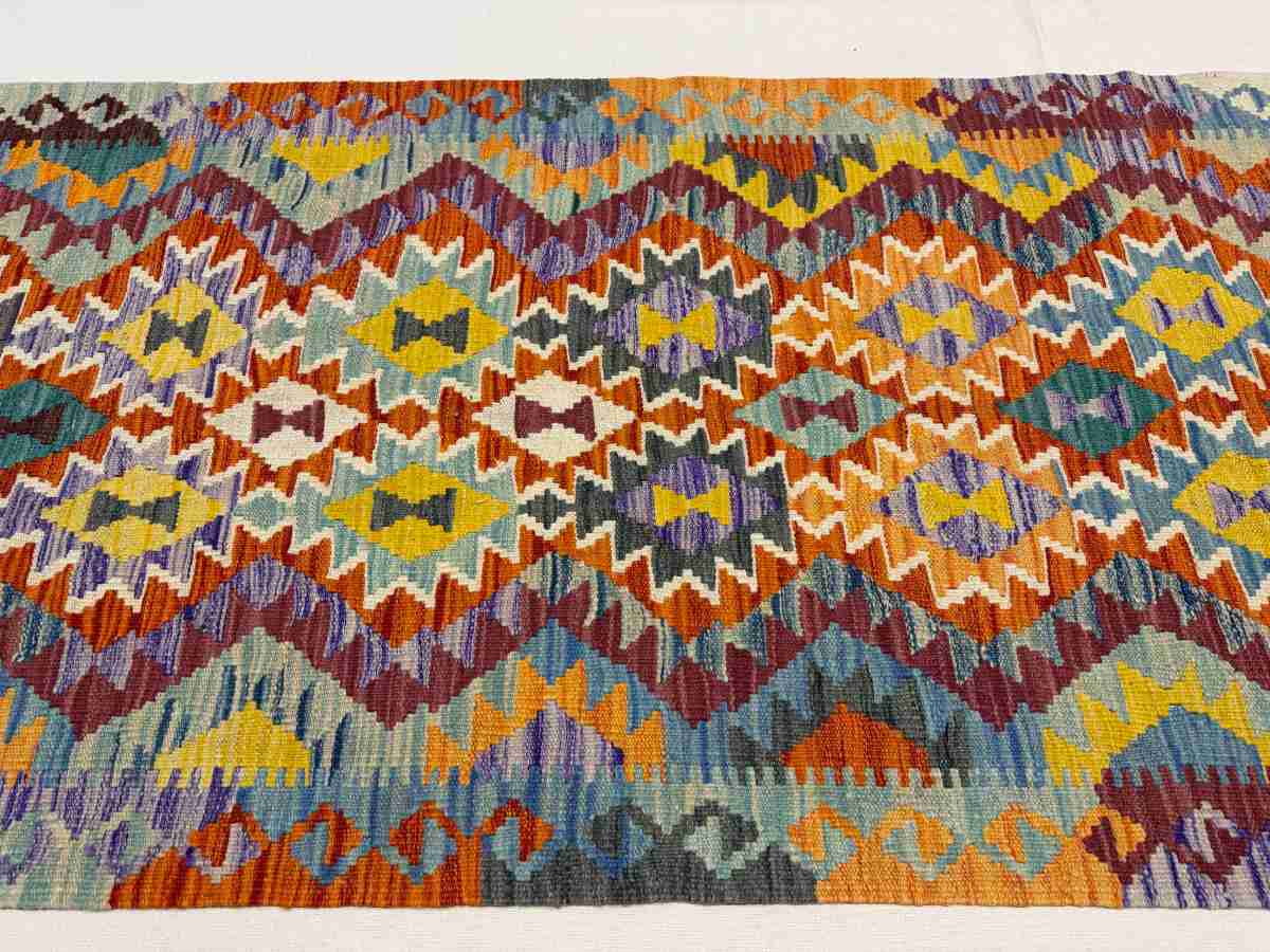 3x7 ft Hand Knotted Afghan Kilim Wool Runner Rug - Natural Vegetable Dye thumbnail 4