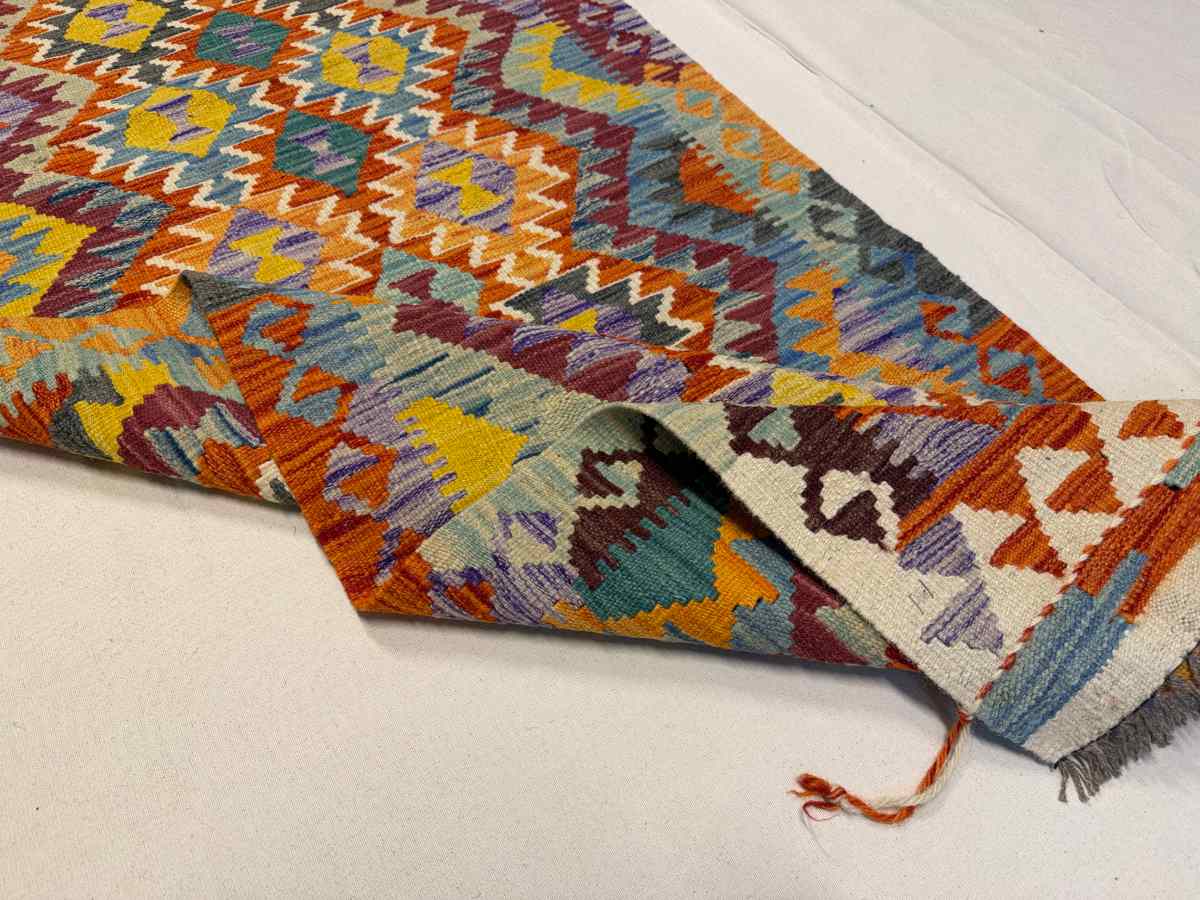 3x7 ft Hand Knotted Afghan Kilim Wool Runner Rug - Natural Vegetable Dye thumbnail 5