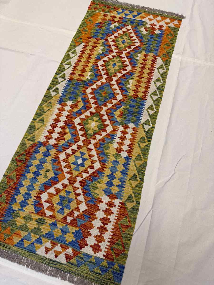 3x7 ft Hand Knotted Afghan Kilim Wool Runner Rug - Natural Vegetable Dye thumbnail 2