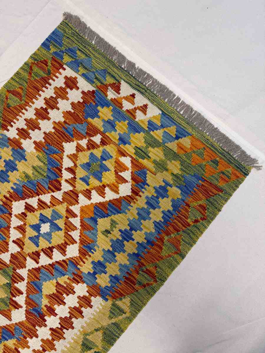 3x7 ft Hand Knotted Afghan Kilim Wool Runner Rug - Natural Vegetable Dye thumbnail 4