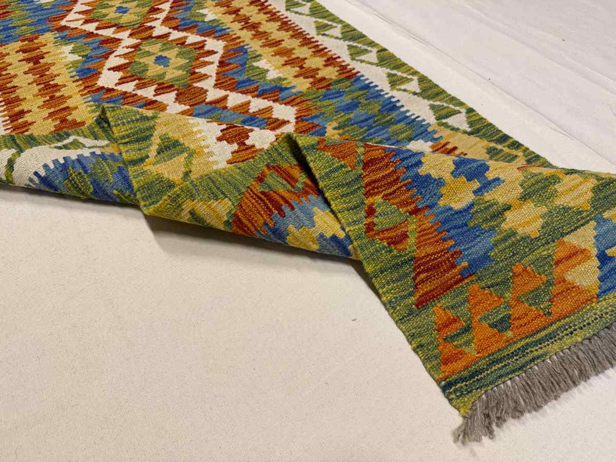 3x7 ft Hand Knotted Afghan Kilim Wool Runner Rug - Natural Vegetable Dye thumbnail 5
