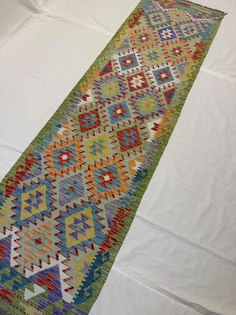3x10 ft Hand Knotted Afghan Kilim Wool Runner Rug - Natural Vegetable Dye thumbnail 2
