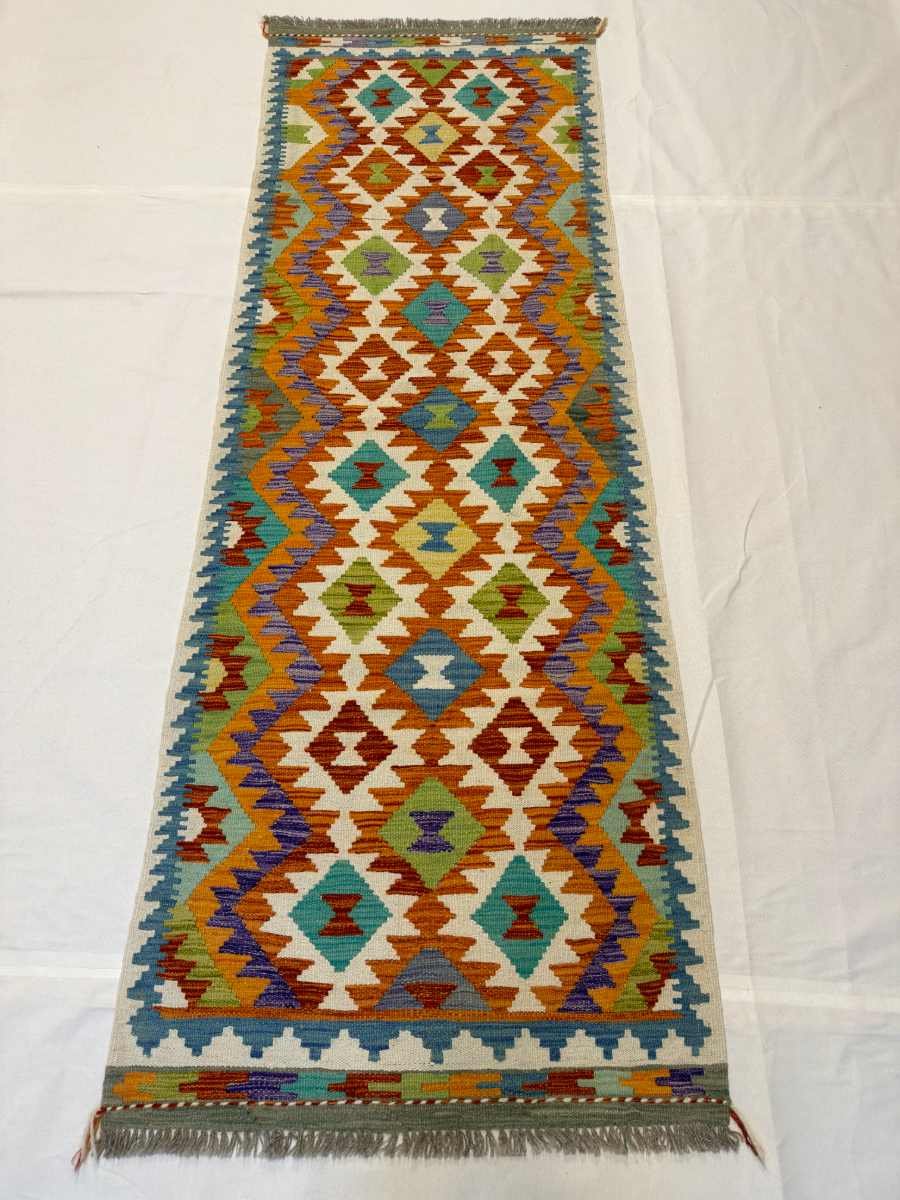 3x8 ft Hand Knotted Afghan Kilim Wool Runner Rug - Natural Vegetable Dye