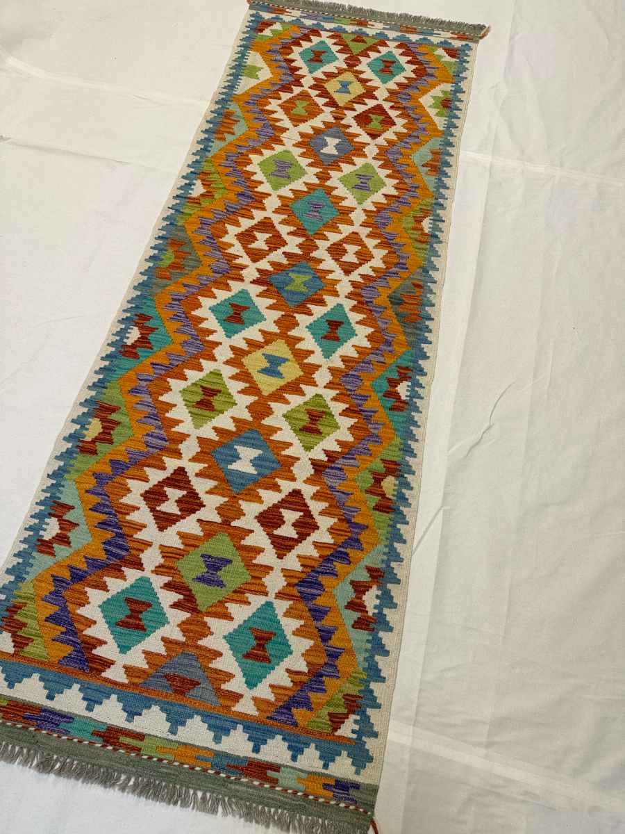 3x8 ft Hand Knotted Afghan Kilim Wool Runner Rug - Natural Vegetable Dye thumbnail 2