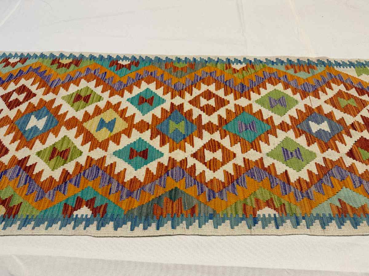 3x8 ft Hand Knotted Afghan Kilim Wool Runner Rug - Natural Vegetable Dye thumbnail 3