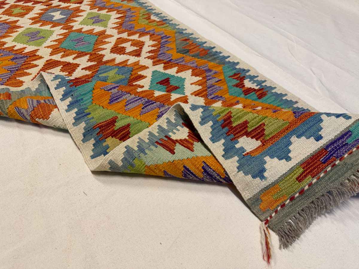 3x8 ft Hand Knotted Afghan Kilim Wool Runner Rug - Natural Vegetable Dye thumbnail 5