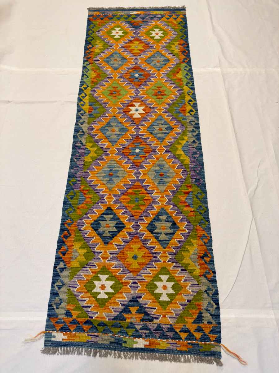 3x8 ft Hand Knotted Afghan Kilim Wool Runner Rug - Natural Vegetable Dye