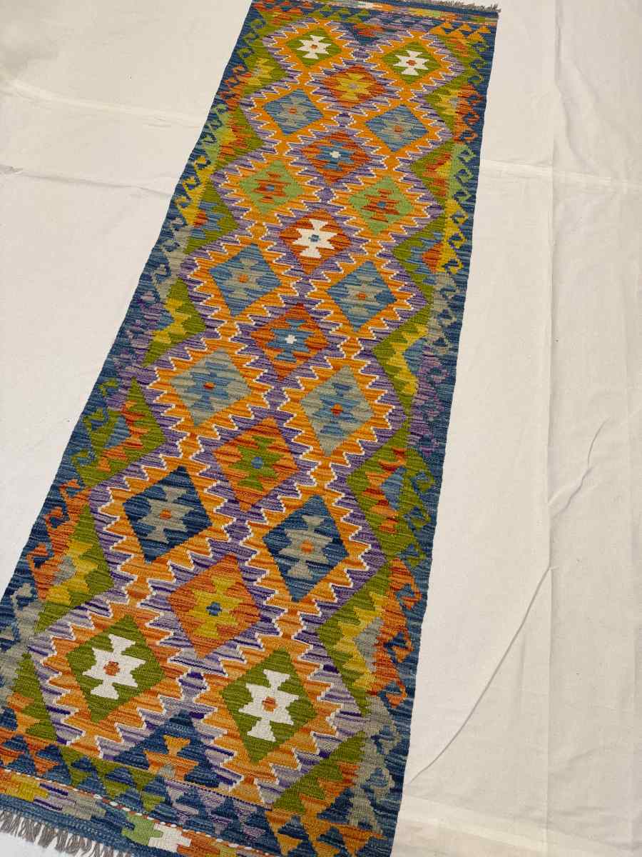 3x8 ft Hand Knotted Afghan Kilim Wool Runner Rug - Natural Vegetable Dye thumbnail 2