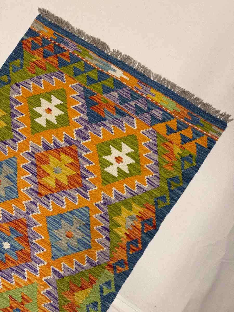 3x8 ft Hand Knotted Afghan Kilim Wool Runner Rug - Natural Vegetable Dye thumbnail 3