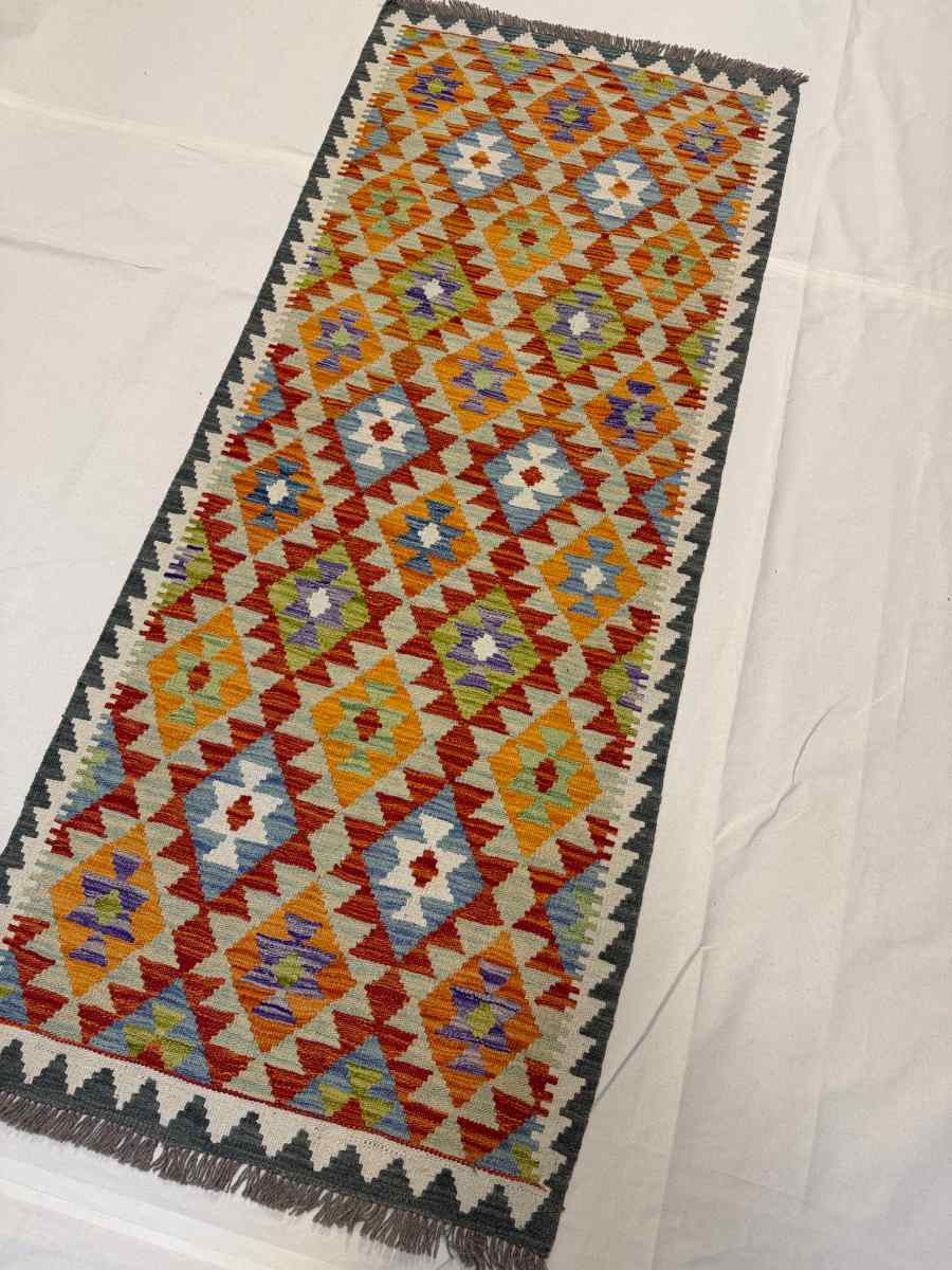 3x7 ft Hand Knotted Afghan Kilim Wool Runner Rug - Natural Vegetable Dye thumbnail 2