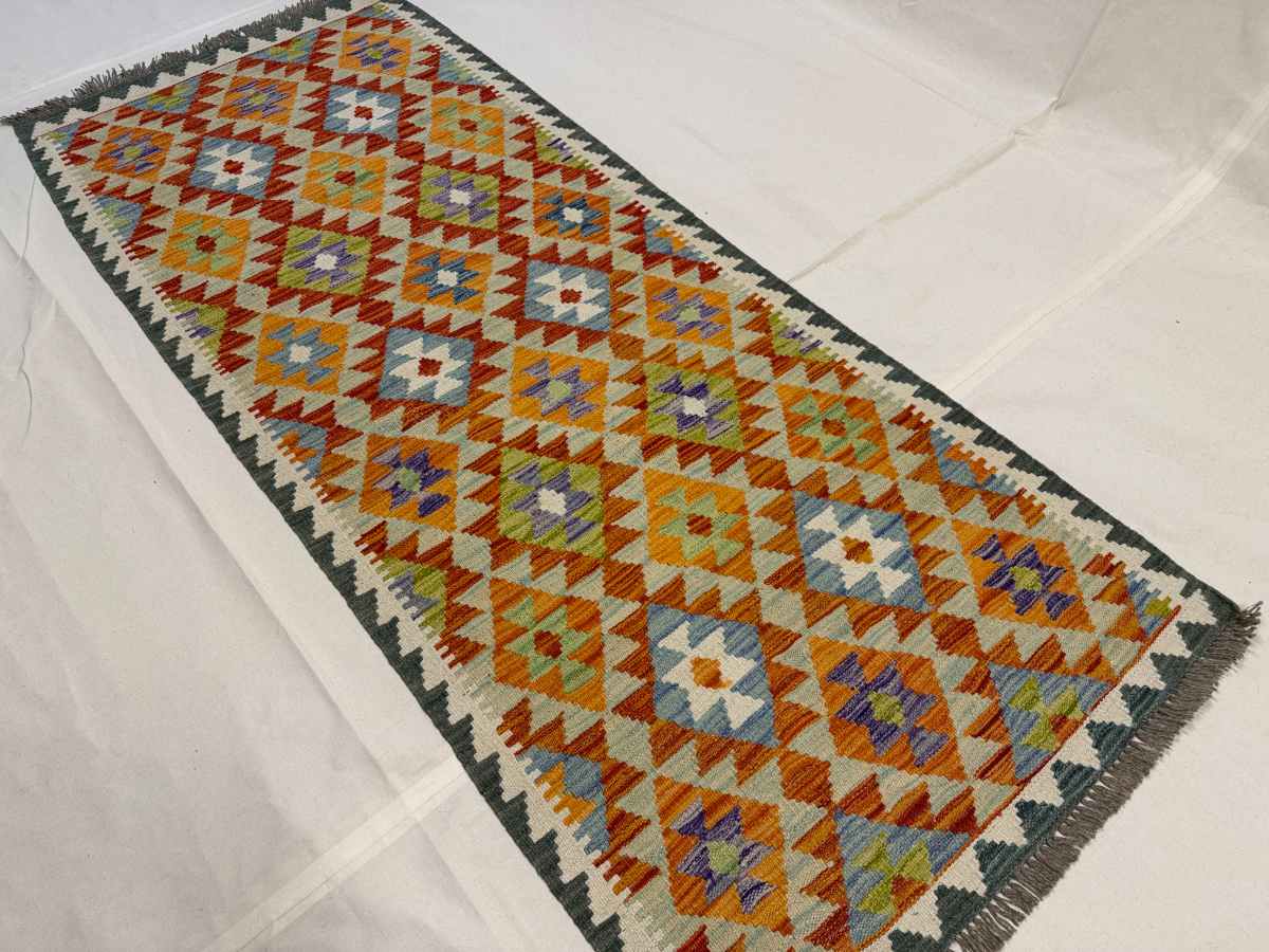 3x7 ft Hand Knotted Afghan Kilim Wool Runner Rug - Natural Vegetable Dye thumbnail 3