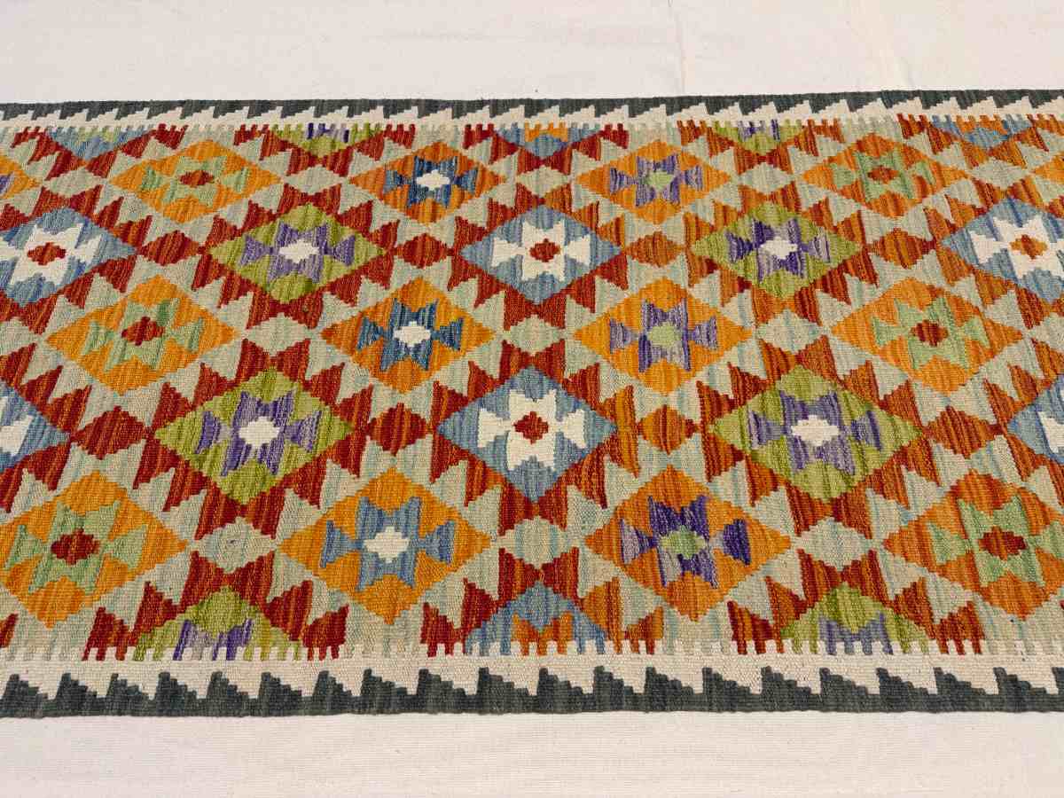 3x7 ft Hand Knotted Afghan Kilim Wool Runner Rug - Natural Vegetable Dye thumbnail 4