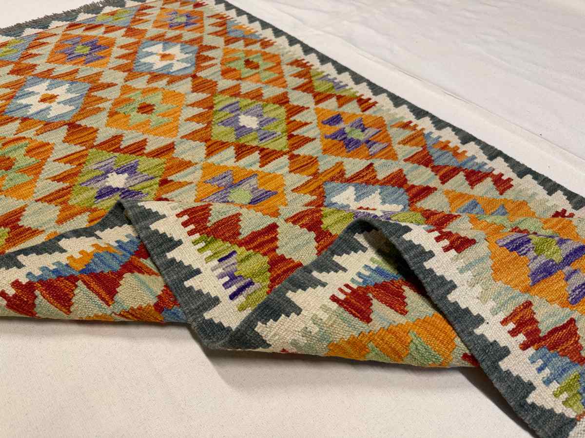 3x7 ft Hand Knotted Afghan Kilim Wool Runner Rug - Natural Vegetable Dye thumbnail 5