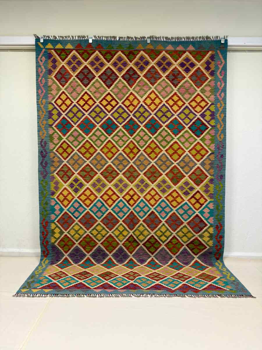 7x10 ft Hand Knotted Afghan Wool Kilim Area Rug - Natural Vegetable Dye