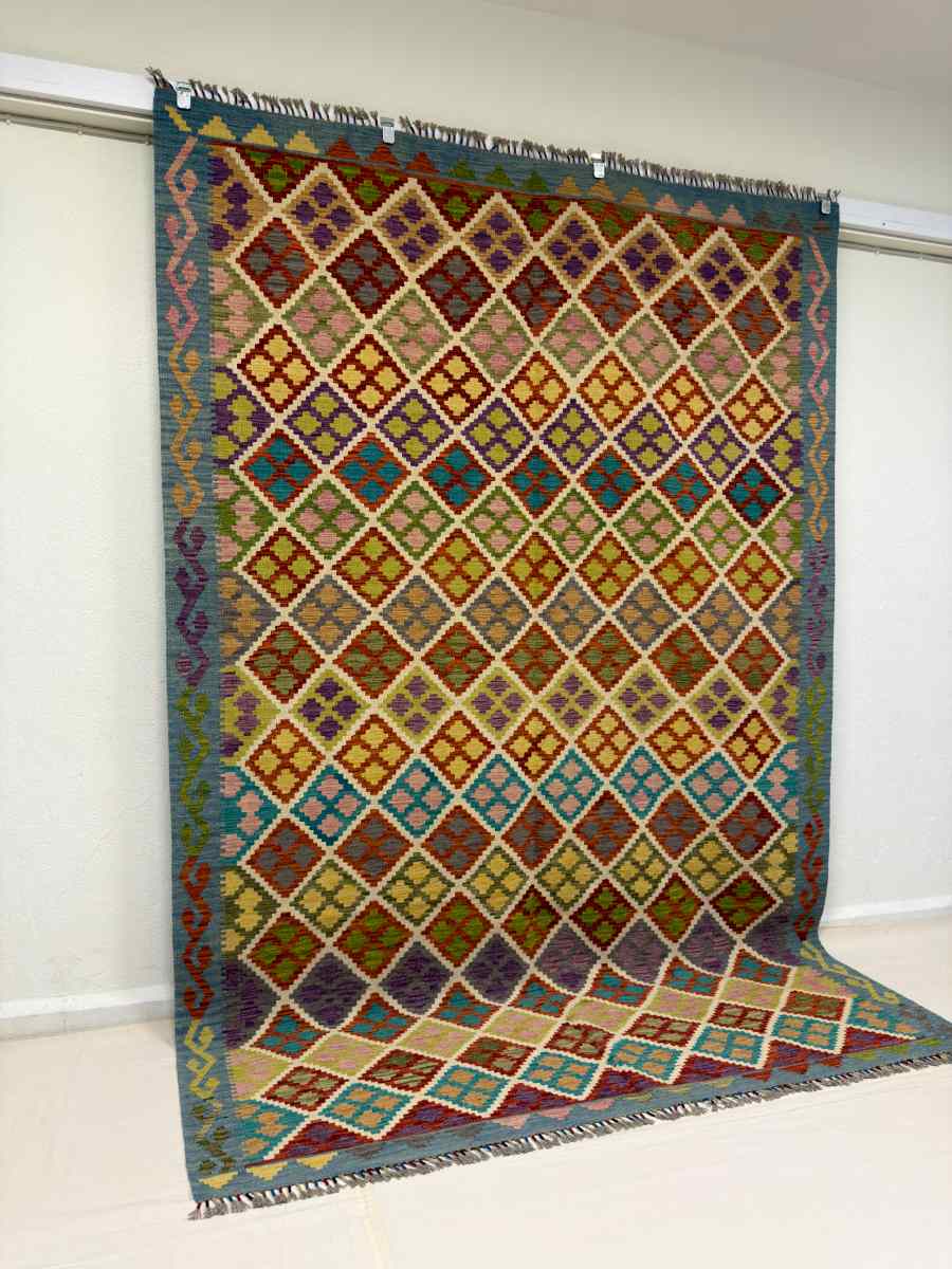7x10 ft Hand Knotted Afghan Wool Kilim Area Rug - Natural Vegetable Dye thumbnail 2