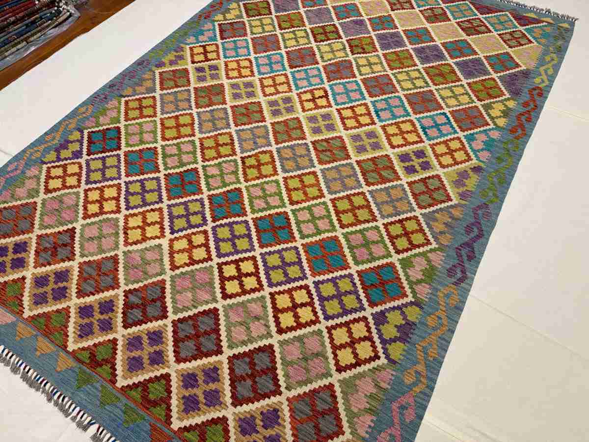 7x10 ft Hand Knotted Afghan Wool Kilim Area Rug - Natural Vegetable Dye thumbnail 5
