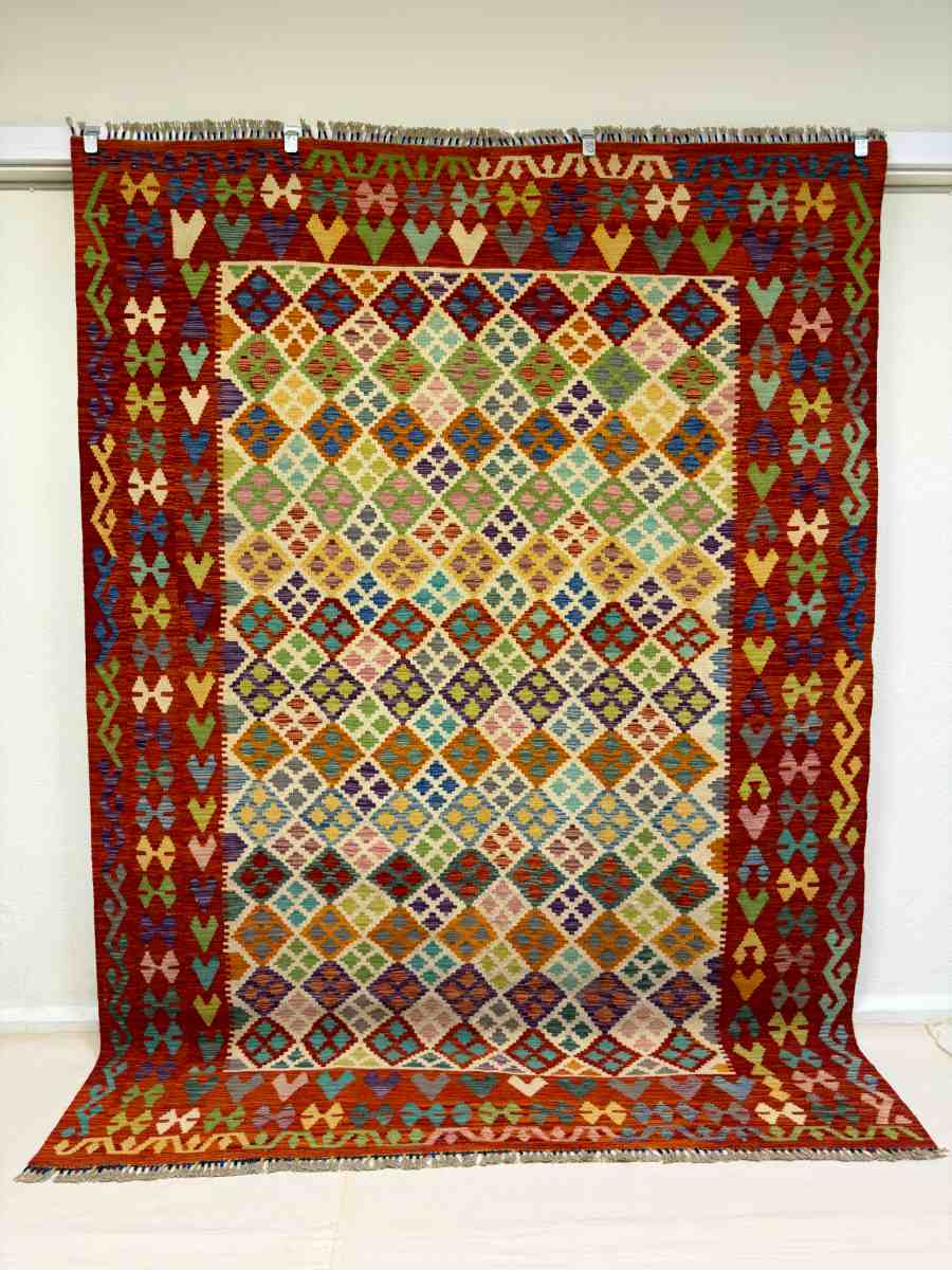 7x10 ft Hand Knotted Afghan Wool Kilim Area Rug - Natural Vegetable Dye