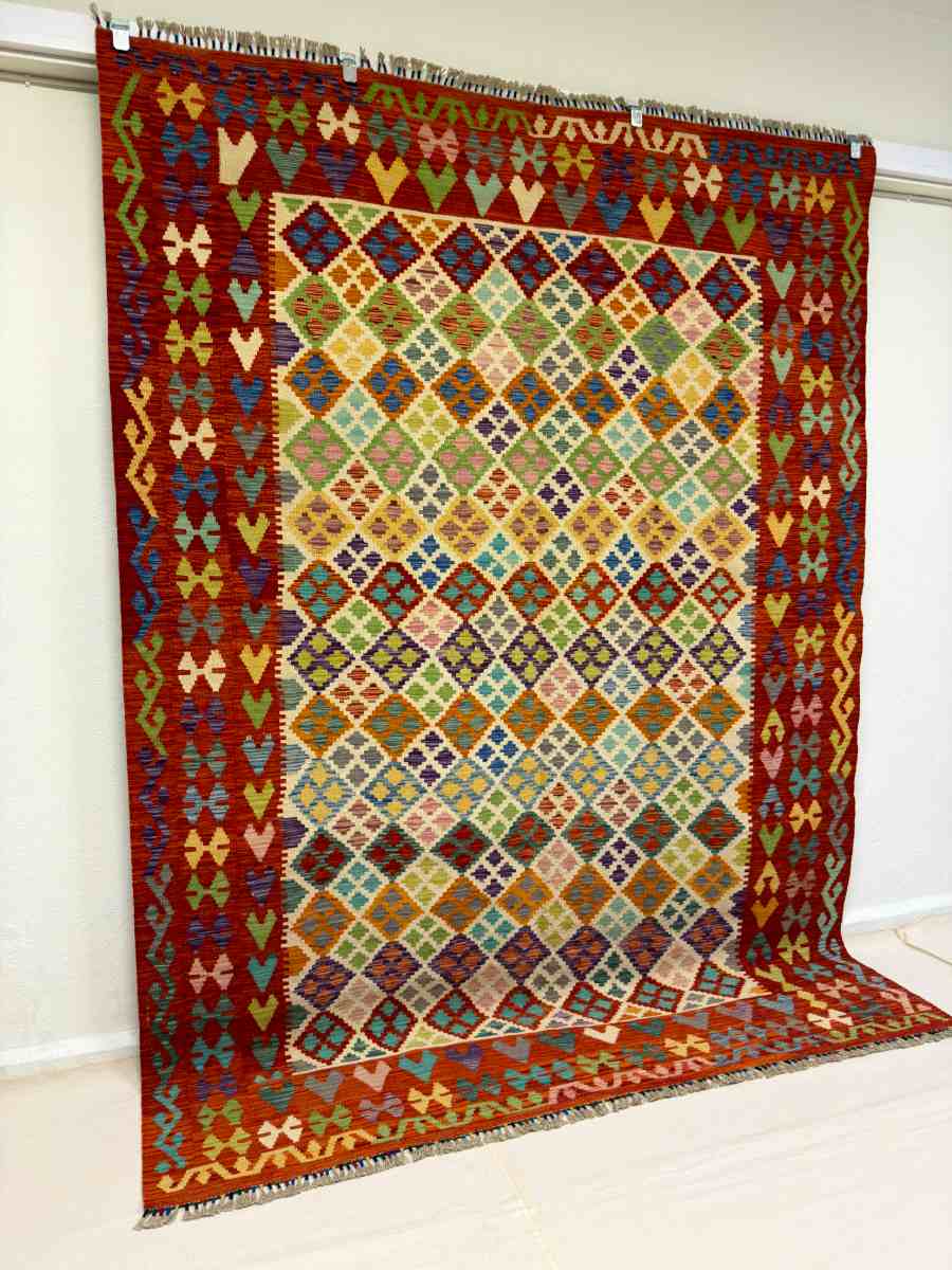 7x10 ft Hand Knotted Afghan Wool Kilim Area Rug - Natural Vegetable Dye thumbnail 2