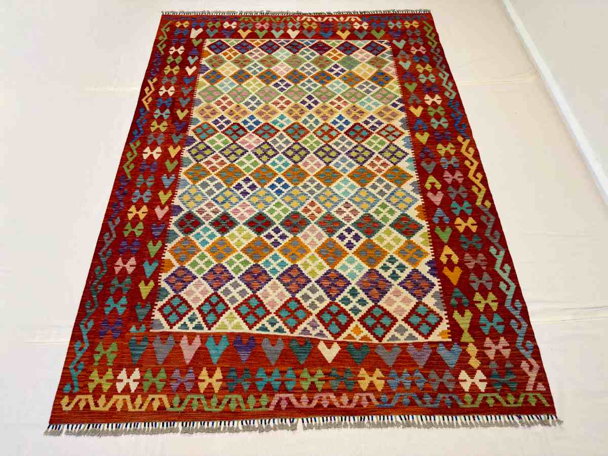 7x10 ft Hand Knotted Afghan Wool Kilim Area Rug - Natural Vegetable Dye thumbnail 3