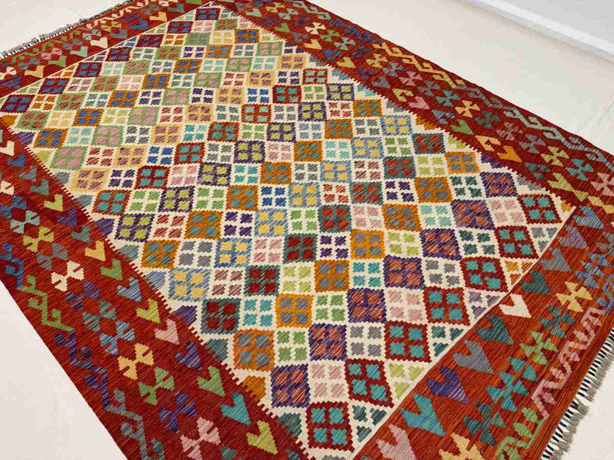 7x10 ft Hand Knotted Afghan Wool Kilim Area Rug - Natural Vegetable Dye thumbnail 4