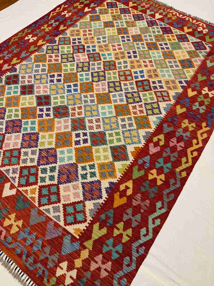 7x10 ft Hand Knotted Afghan Wool Kilim Area Rug - Natural Vegetable Dye thumbnail 5