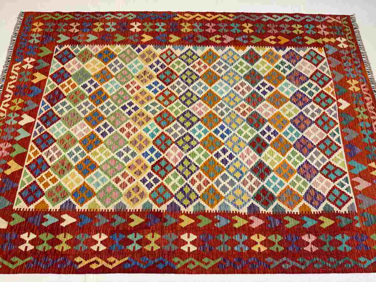 7x10 ft Hand Knotted Afghan Wool Kilim Area Rug - Natural Vegetable Dye thumbnail 6
