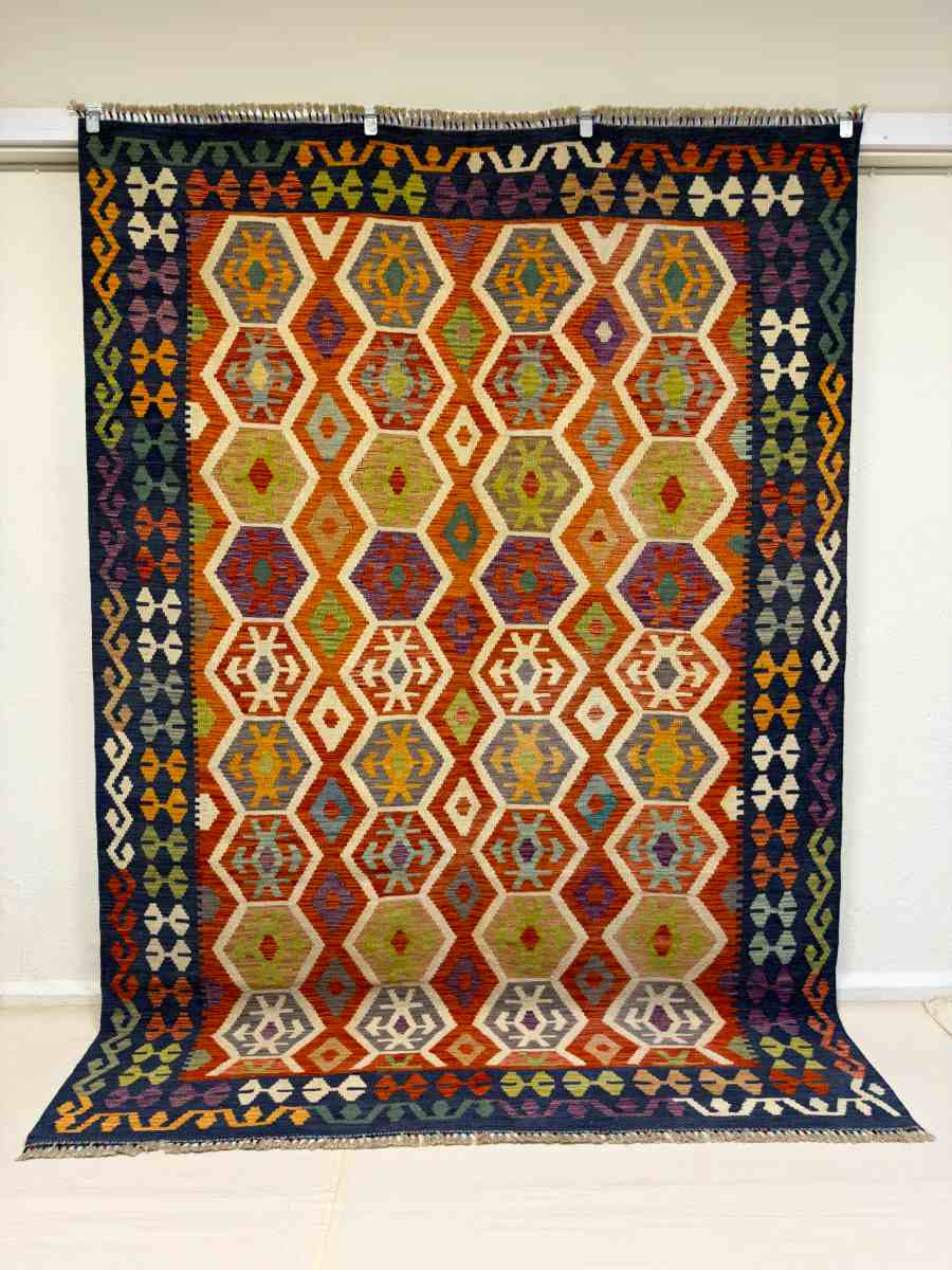7x10 ft Hand Knotted Afghan Wool Kilim Area Rug - Natural Vegetable Dye