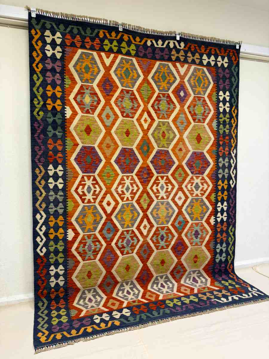 7x10 ft Hand Knotted Afghan Wool Kilim Area Rug - Natural Vegetable Dye thumbnail 2