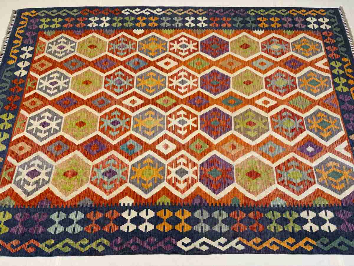 7x10 ft Hand Knotted Afghan Wool Kilim Area Rug - Natural Vegetable Dye thumbnail 6
