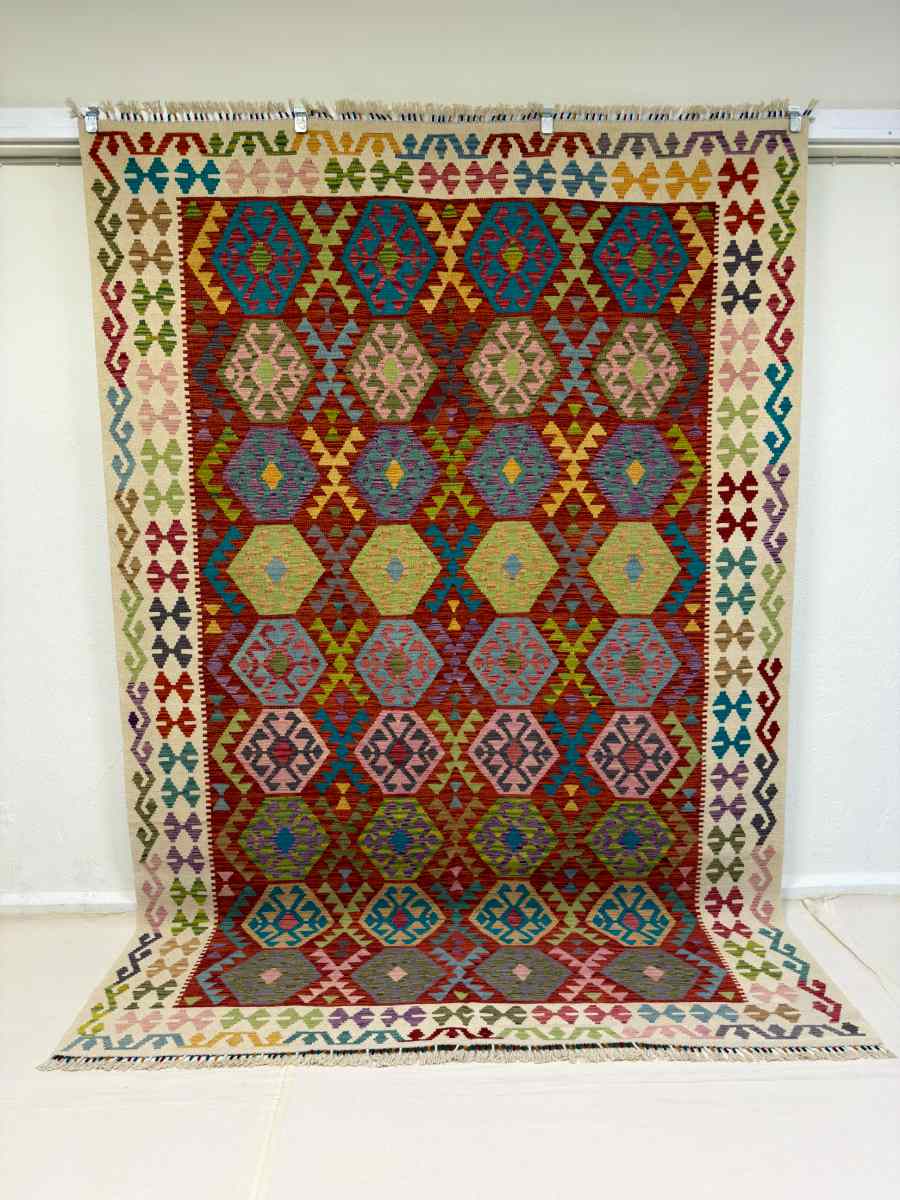 7x10 ft Hand Knotted Afghan Wool Kilim Area Rug - Natural Vegetable Dye
