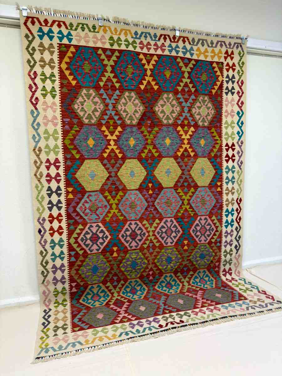 7x10 ft Hand Knotted Afghan Wool Kilim Area Rug - Natural Vegetable Dye thumbnail 2