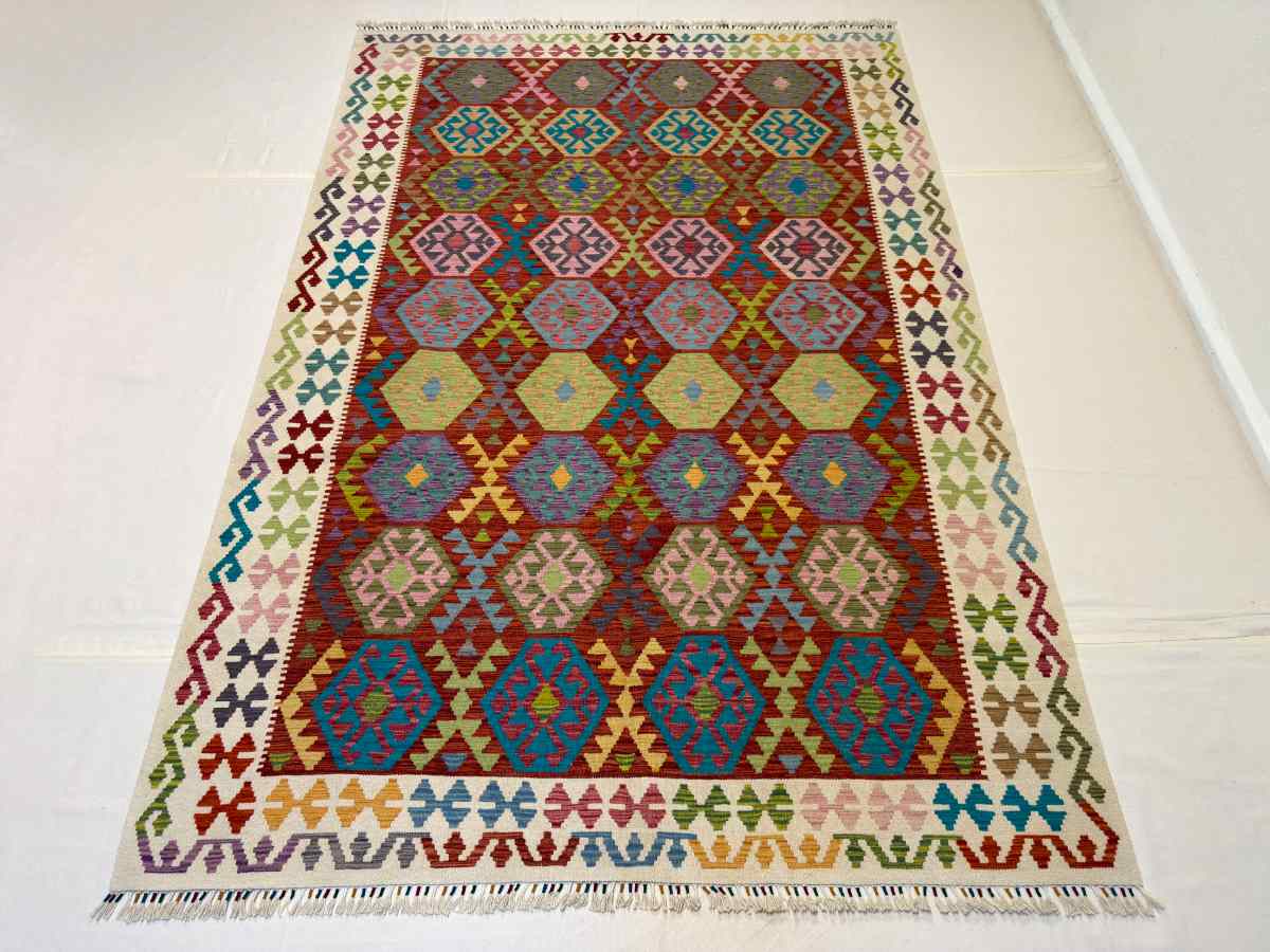7x10 ft Hand Knotted Afghan Wool Kilim Area Rug - Natural Vegetable Dye thumbnail 3