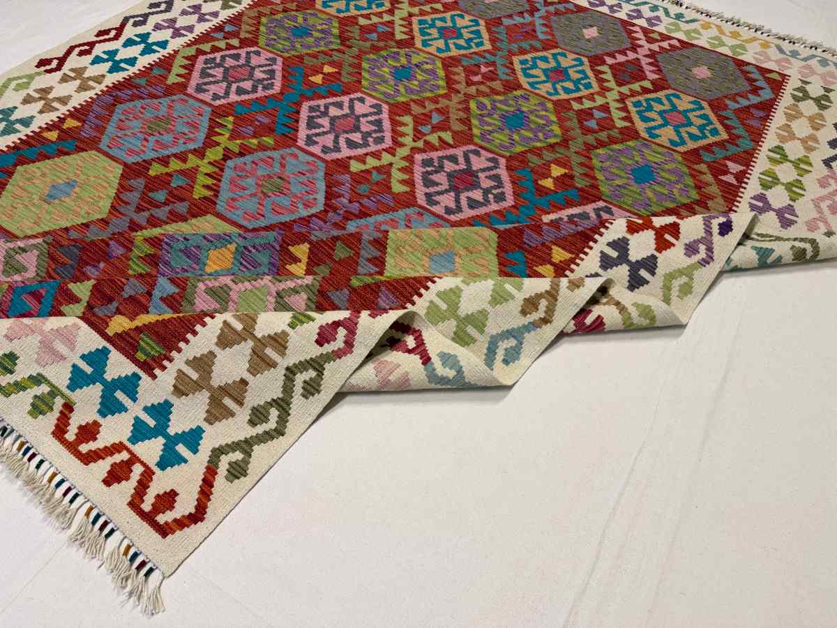 7x10 ft Hand Knotted Afghan Wool Kilim Area Rug - Natural Vegetable Dye thumbnail 7