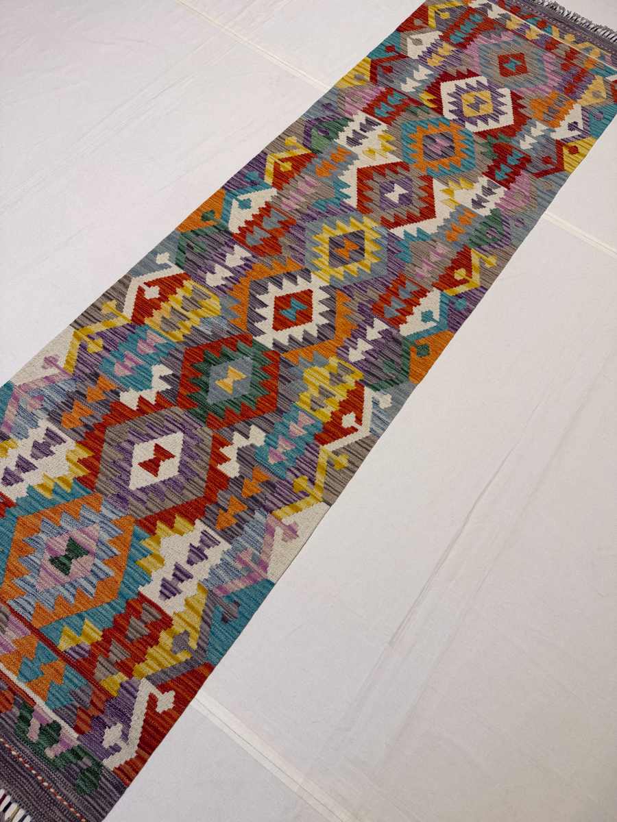 3x10 ft Hand Knotted Afghan Wool Kilim Runner Rug - Natural Vegetable Dye thumbnail 3