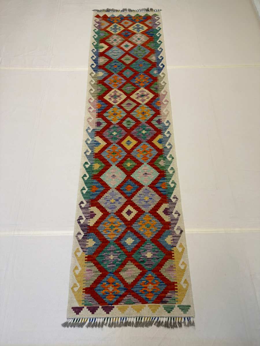 3x10 ft Hand Knotted Afghan Wool Kilim Runner Rug - Natural Vegetable Dye