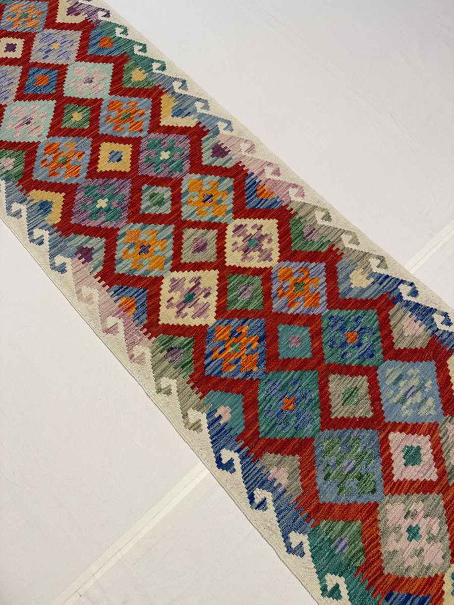 3x10 ft Hand Knotted Afghan Wool Kilim Runner Rug - Natural Vegetable Dye thumbnail 2