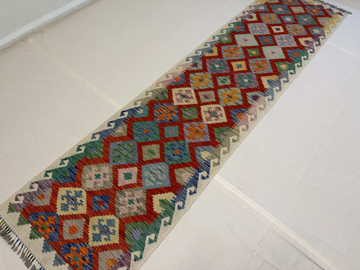 3x10 ft Hand Knotted Afghan Wool Kilim Runner Rug - Natural Vegetable Dye thumbnail 3