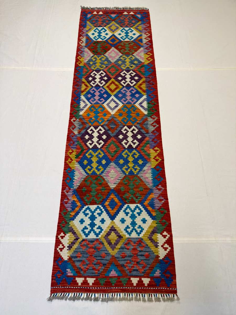 3x10 ft Hand Knotted Afghan Wool Kilim Runner Rug - Natural Vegetable Dye
