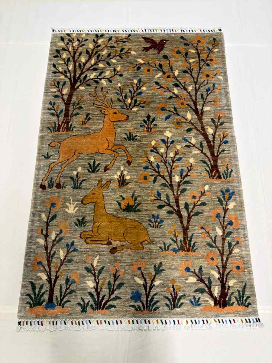 4x6 ft Hand Knotted Afghan Wool Wild Life Area Rug - Natural Vegetable Dye